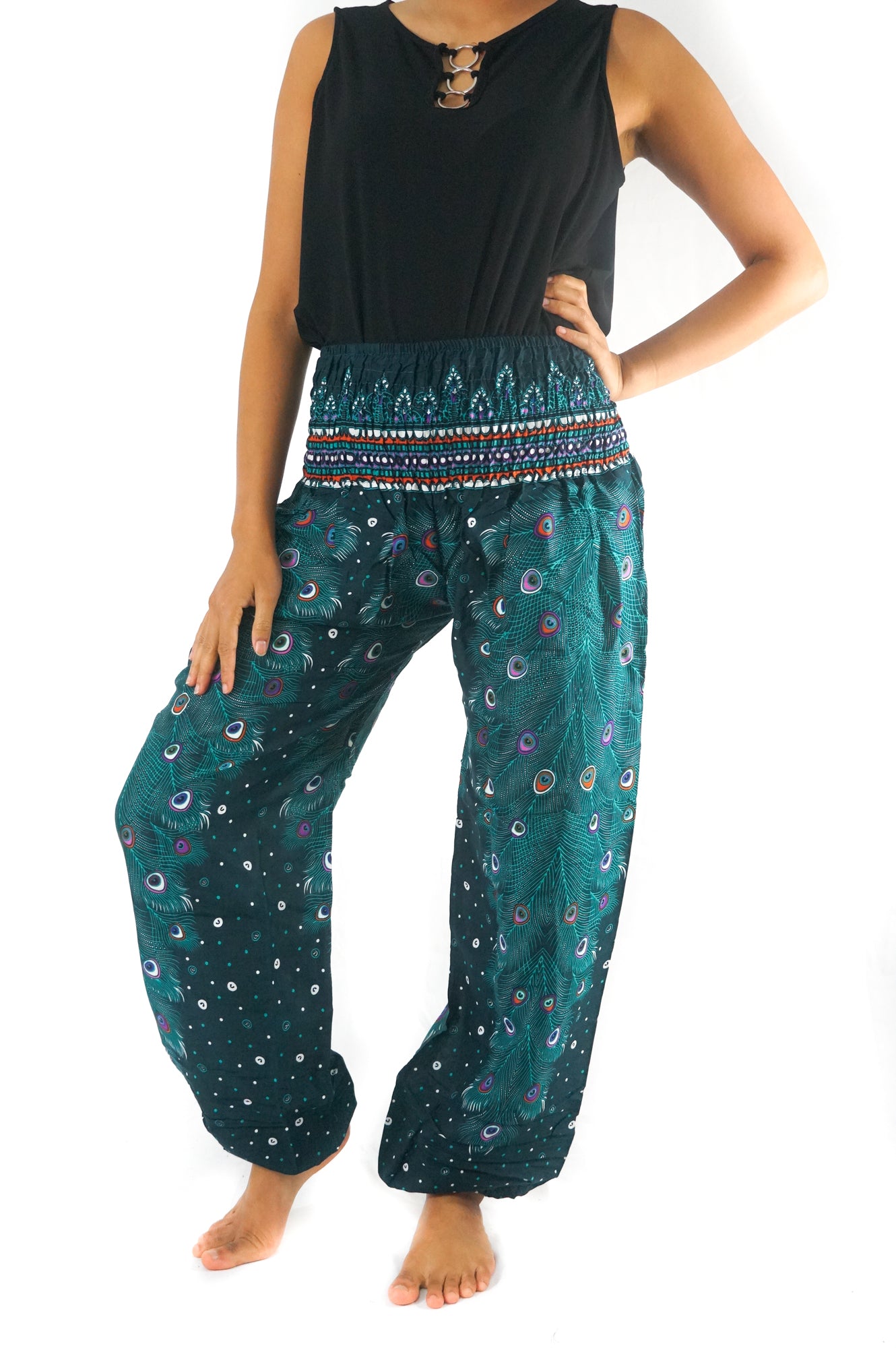 pantalon paon bleu sarcelle pour femme, style bohème, hippie, yoga