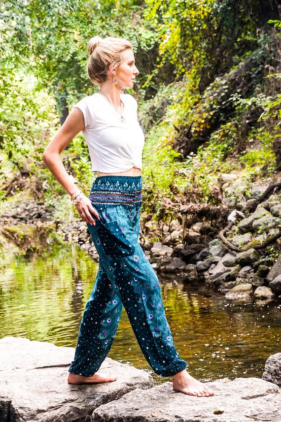 pantalon paon bleu sarcelle pour femme, style bohème, hippie, yoga