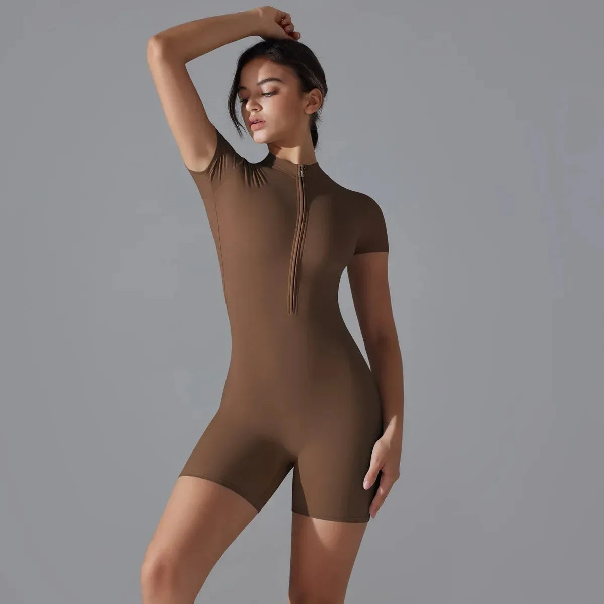 one-piece yoga jumpsuit - zipper short sleeve workout bodysuit