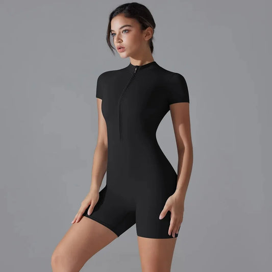 One-Piece Yoga Jumpsuit - Zipper Short Sleeve Workout Bodysuit