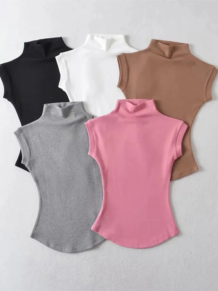 women's sleeveless turtleneck top - summer slim fit tee