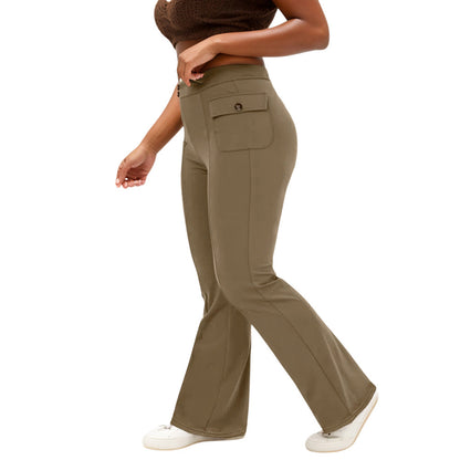 High Waist Button Side Flap Pocket Bell-bottom Pants