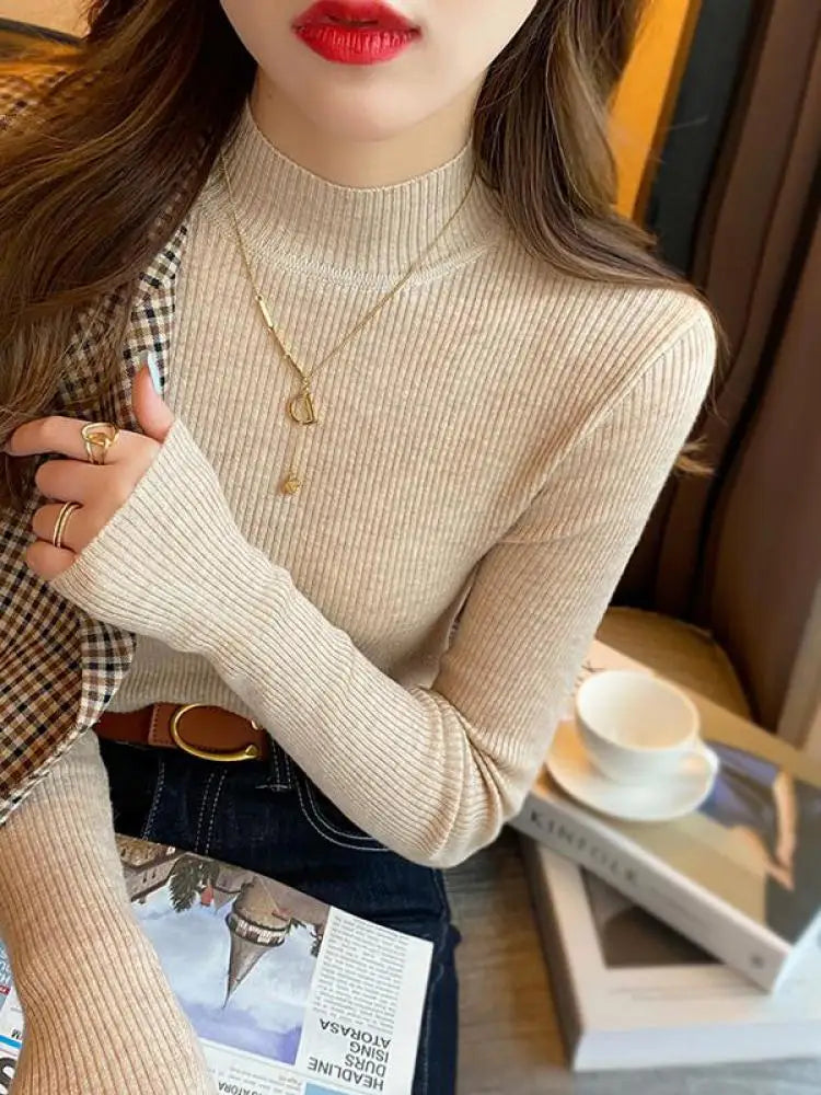 mock neck korean sweater - vintage knitted pullover jumper