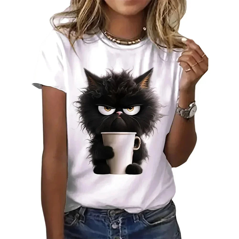 funny cat print t-shirt - women's summer casual top