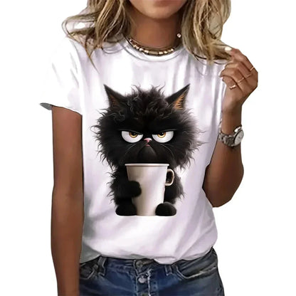 Funny Cat Print T-Shirt - Women's Summer Casual Top