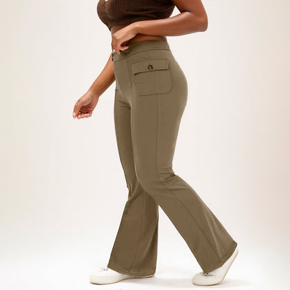 High Waist Button Side Flap Pocket Bell-bottom Pants