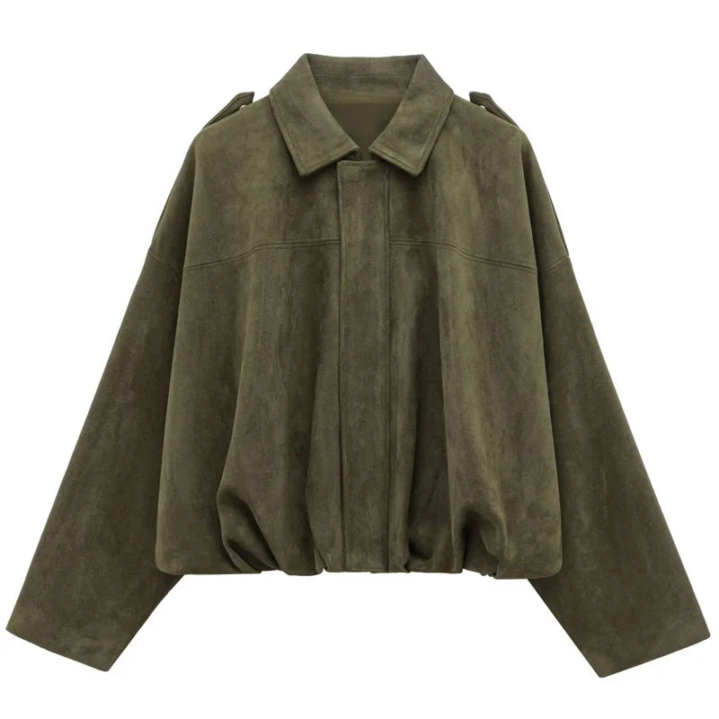 women's suede bomber jacket - cropped racing style coat