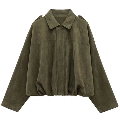 Women's Suede Bomber Jacket - Cropped Racing Style Coat