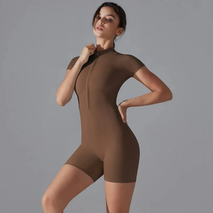 One-Piece Yoga Jumpsuit - Zipper Short Sleeve Workout Bodysuit