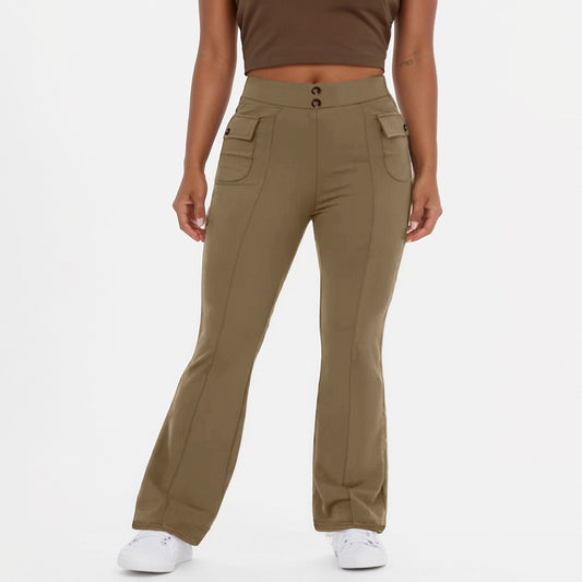 High Waist Button Side Flap Pocket Bell-bottom Pants