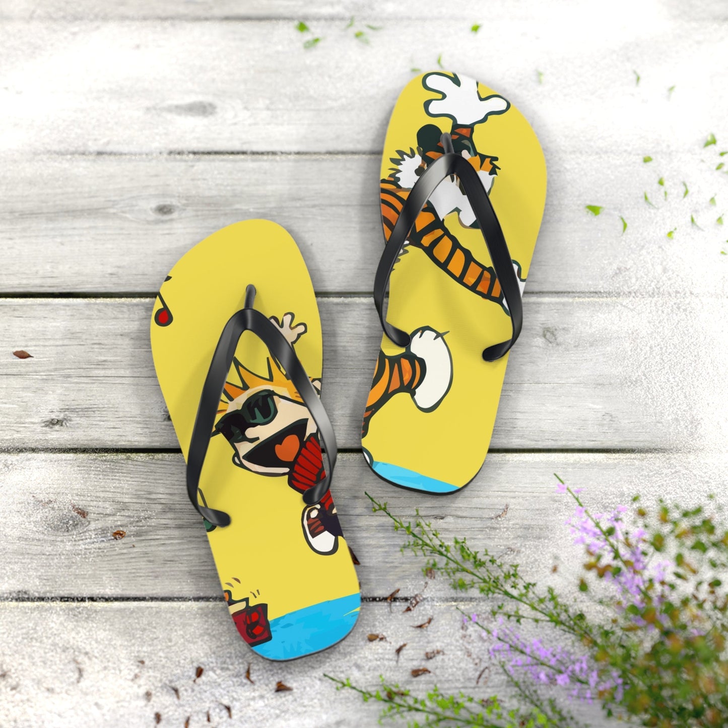 Calvin and Hobbes Dancing with Record Player Flip-Flops