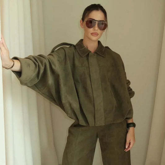 Women's Suede Bomber Jacket - Cropped Racing Style Coat