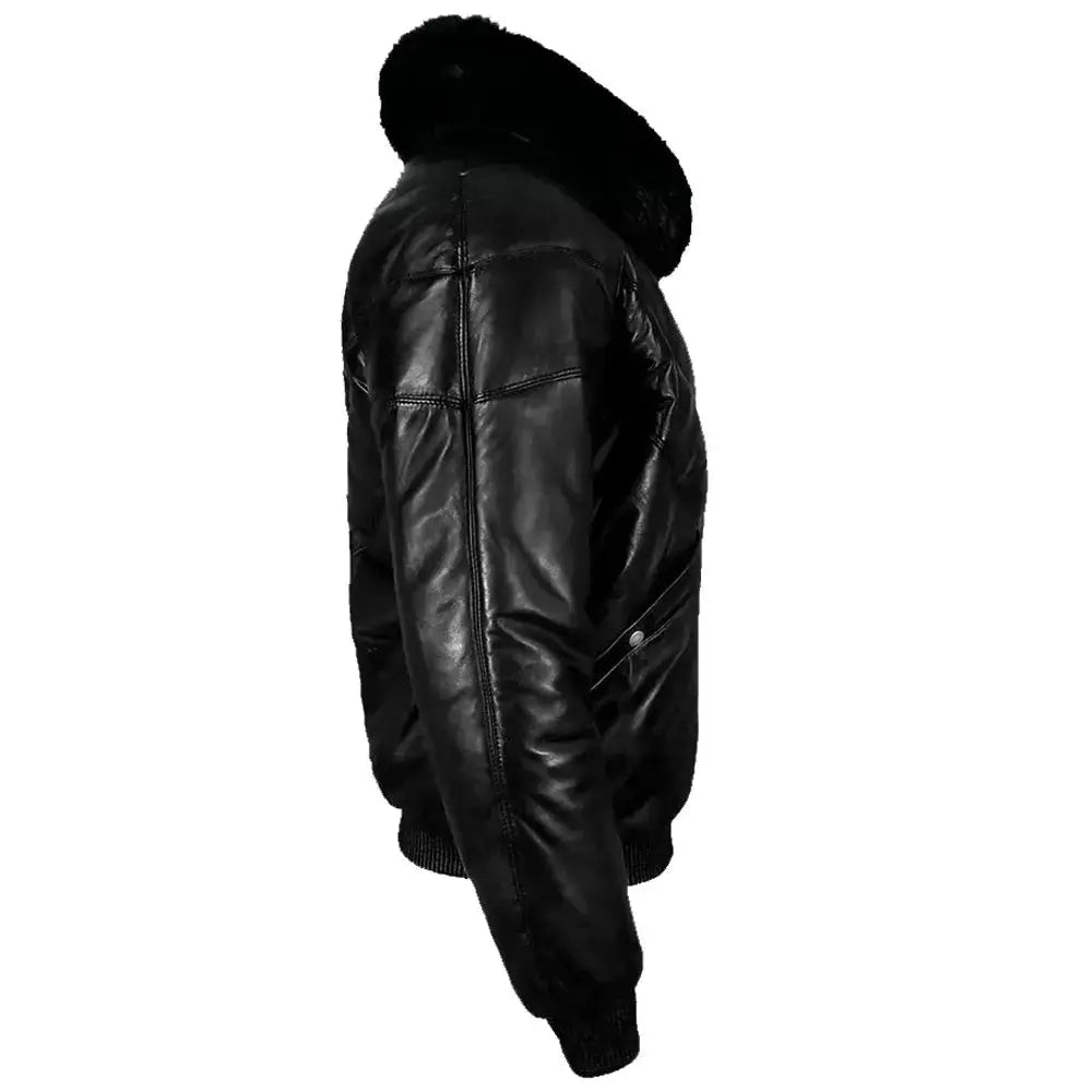Men's Black Leather V-Bomber Jacket with Faux Fur-2