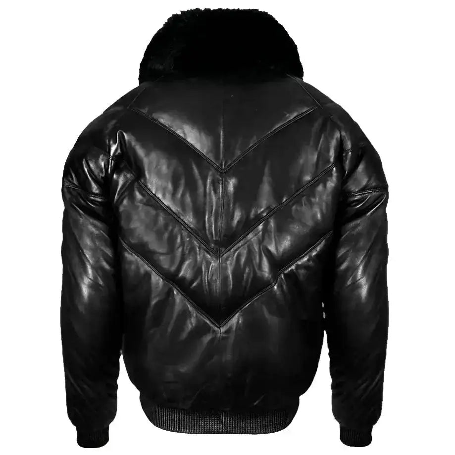 Men's Black Leather V-Bomber Jacket with Faux Fur-1