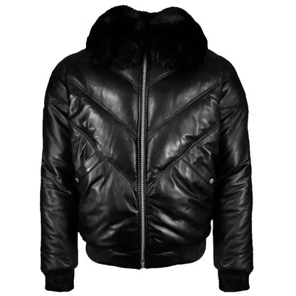 Men's Black Leather V-Bomber Jacket with Faux Fur-0