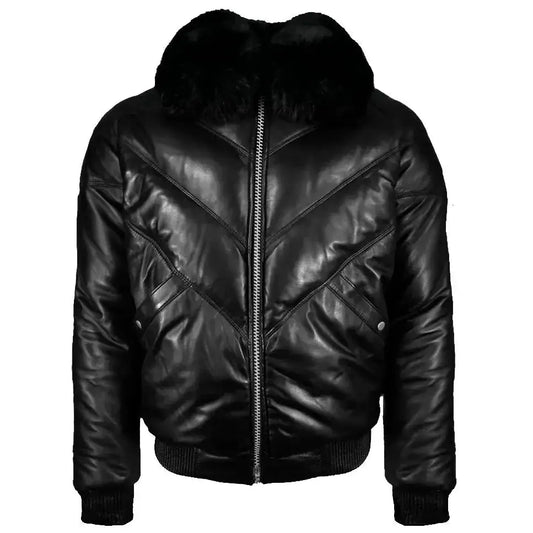 Men's Black Leather V-Bomber Jacket with Faux Fur-0