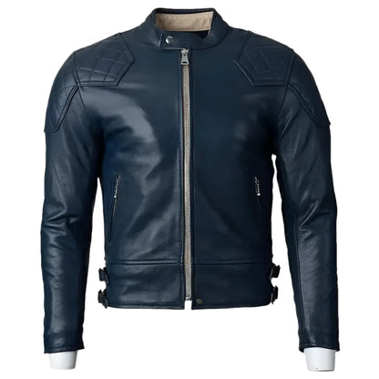 Men's Blue Motorcycle Leather Jacket with Gold Top Design