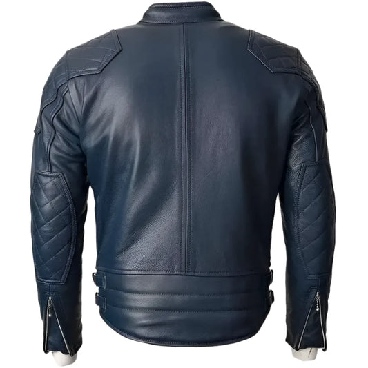 Men's Blue Motorcycle Leather Jacket with Gold Top Design