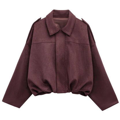 Women's Suede Bomber Jacket - Cropped Racing Style Coat