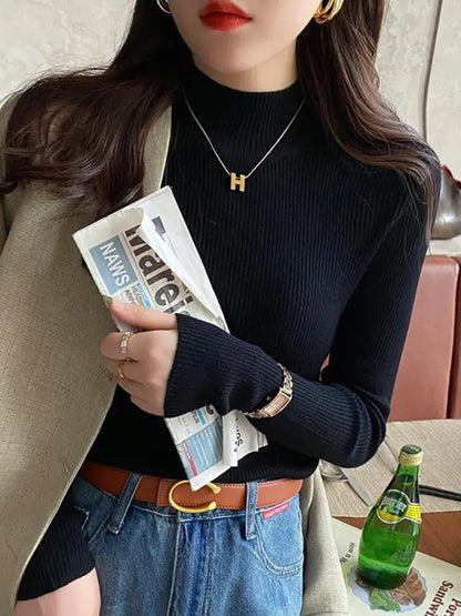 Mock Neck Korean Sweater - Vintage Knitted Pullover Jumper