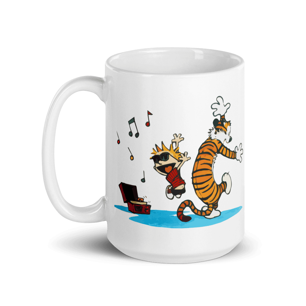 Calvin and Hobbes Dancing with Record Player Mug