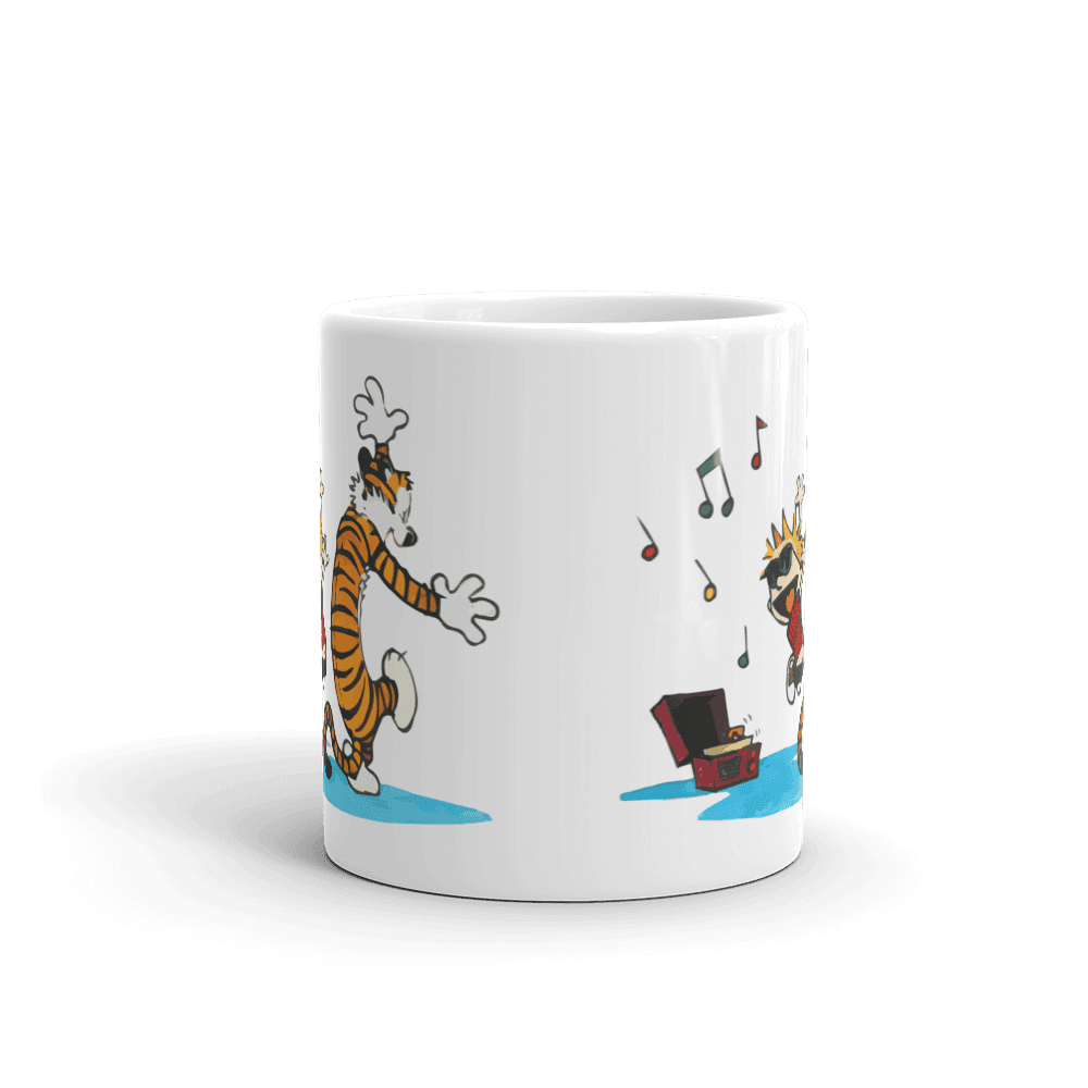 Calvin and Hobbes Dancing with Record Player Mug