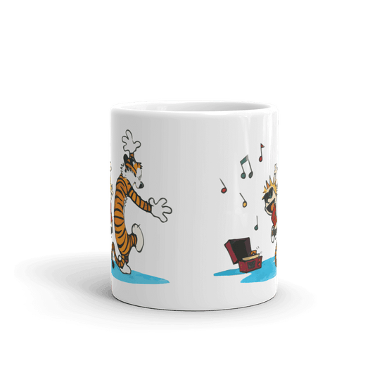 Calvin and Hobbes Dancing with Record Player Mug