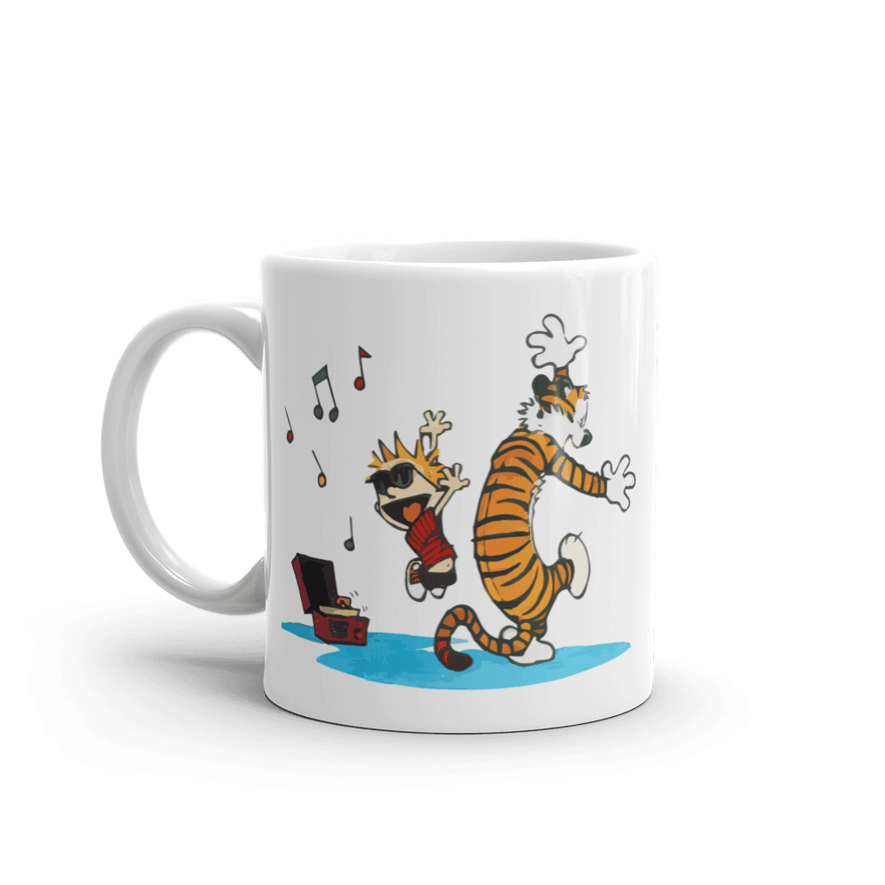 Calvin and Hobbes Dancing with Record Player Mug