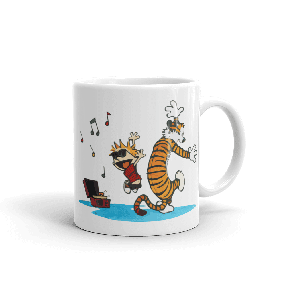 Calvin and Hobbes Dancing with Record Player Mug