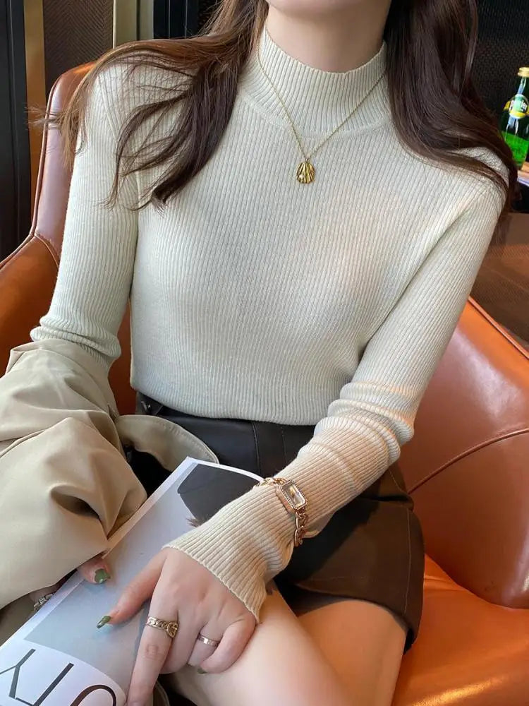 mock neck korean sweater - vintage knitted pullover jumper