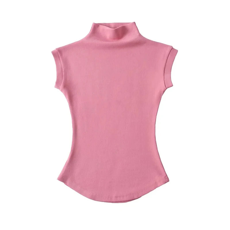 women's sleeveless turtleneck top - summer slim fit tee