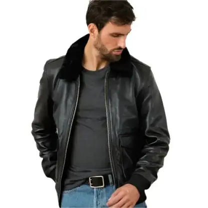 Classic Black Cowhide Leather Bomber Jacket