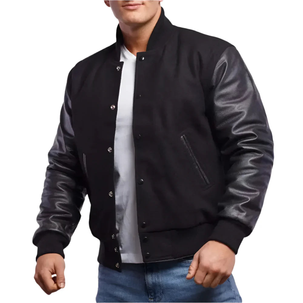 Men’s Classic Black Wool Body & Leather Sleeves Letterman Jacket