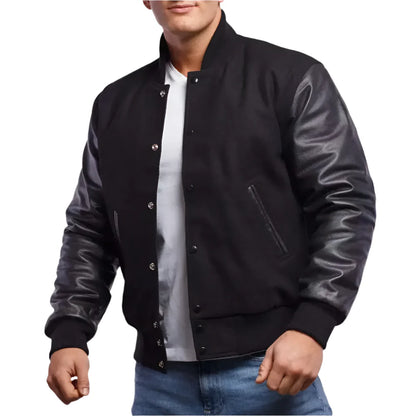 Men’s Classic Black Wool Body & Leather Sleeves Letterman Jacket
