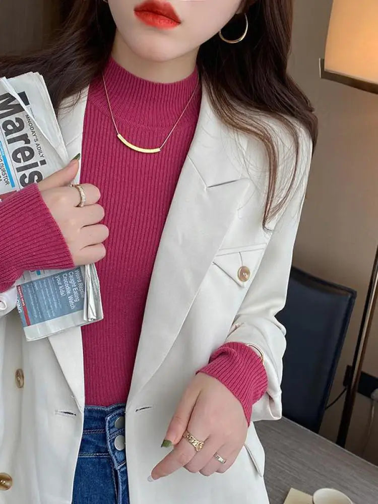 mock neck korean sweater - vintage knitted pullover jumper