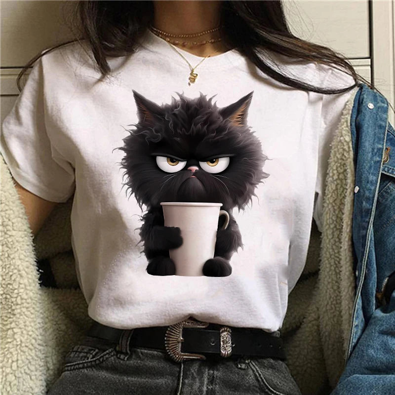 funny cat print t-shirt - women's summer casual top