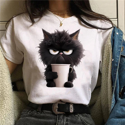 Funny Cat Print T-Shirt - Women's Summer Casual Top