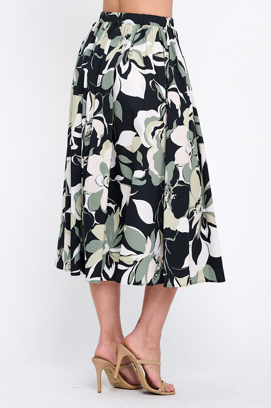 Cotton Floral Print Flowy Midi Skirt with Pockets