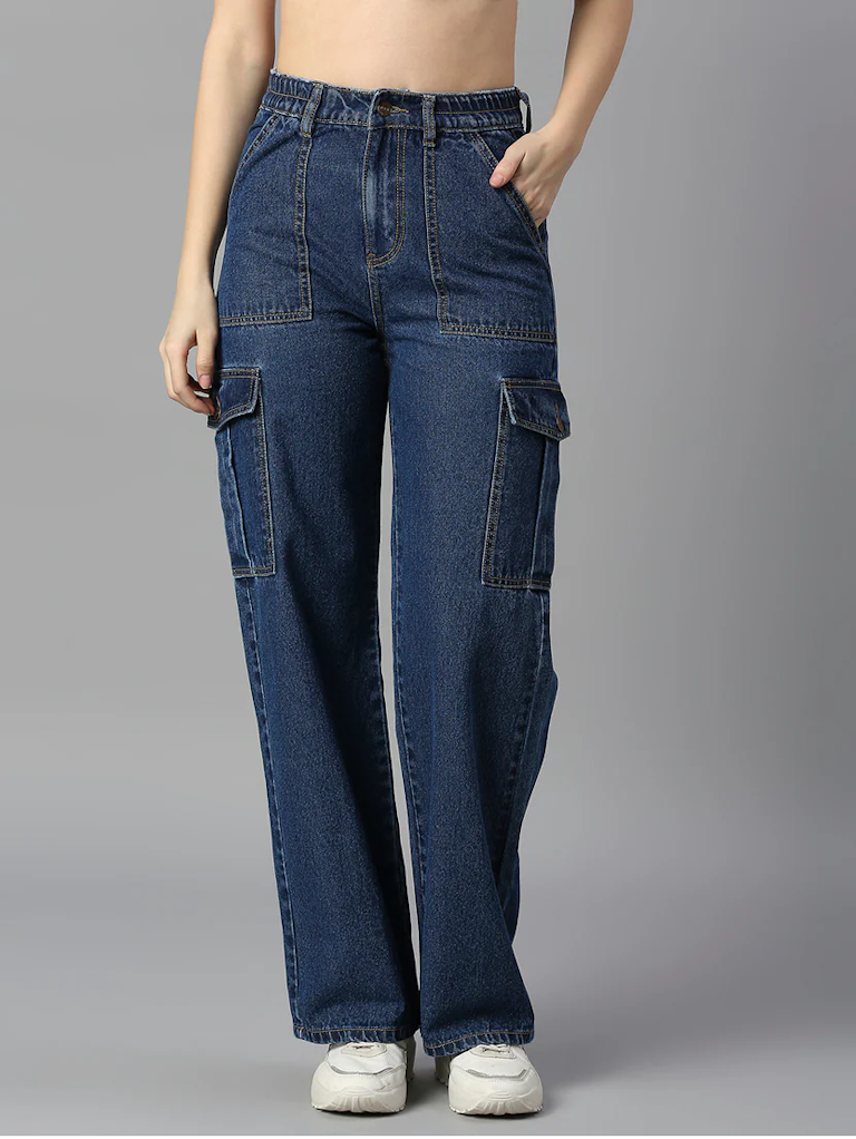 jean taille haute en coton pour femme (taille 34) (couleur bleu)
