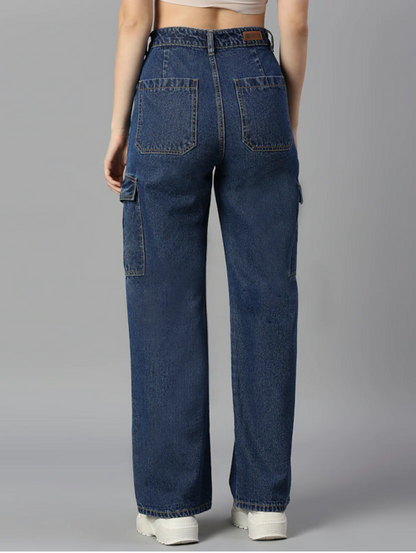 Jean taille haute en coton pour femme (taille 34) (couleur bleu)