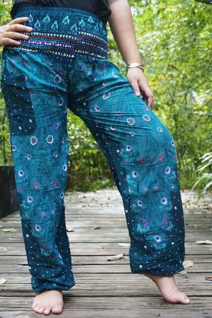 Pantalon paon bleu sarcelle pour femme, style bohème, hippie, yoga