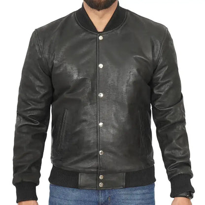 Mens Black Leather Bomber Jacket