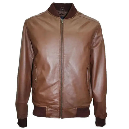 Mens Brown Lambskin Leather Bomber Jacket