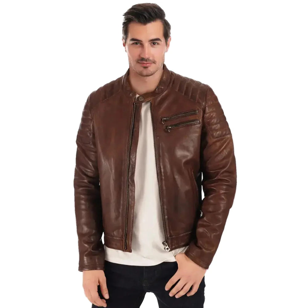 men’s brown waxed leather biker jacket