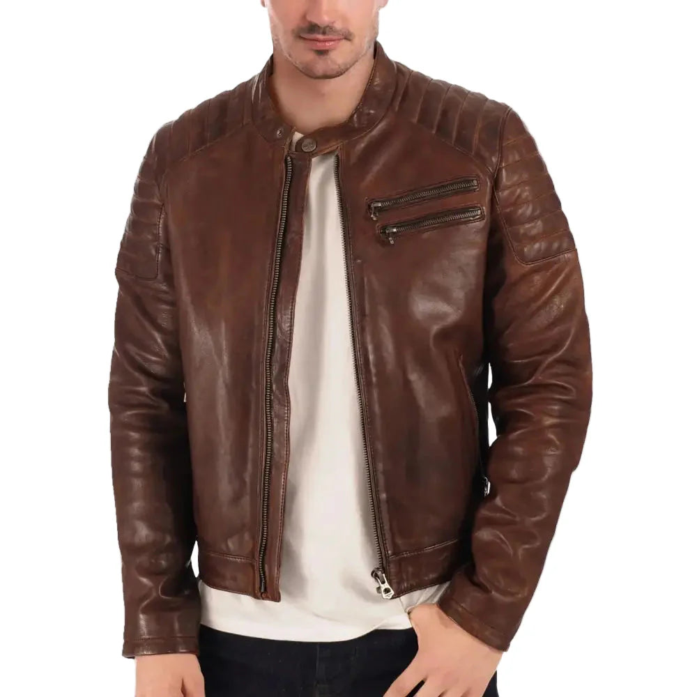 men’s brown waxed leather biker jacket