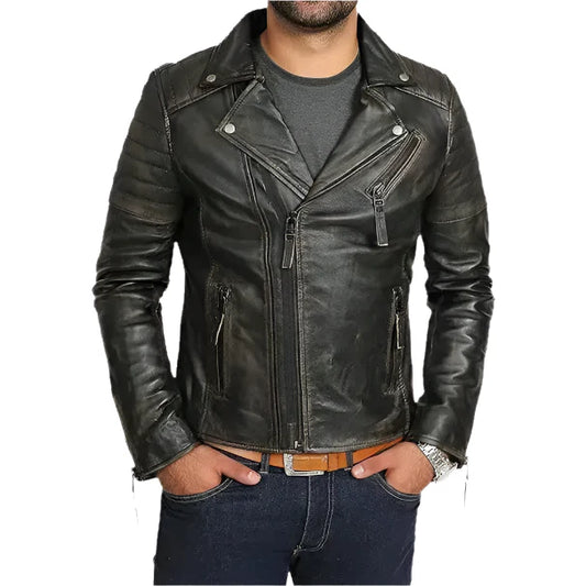 Men's Slim Fit Vintage Black Leather Biker Jacket-0
