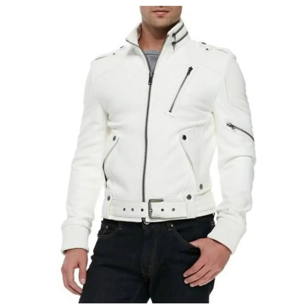 Men's White Racer Moto Biker Leather Jacket-1