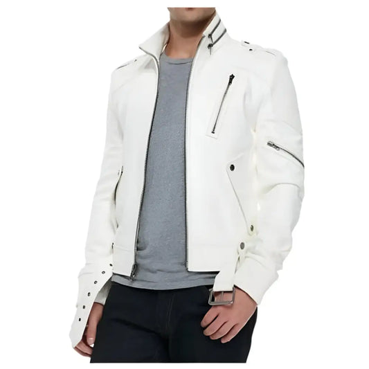 Men's White Racer Moto Biker Leather Jacket-0