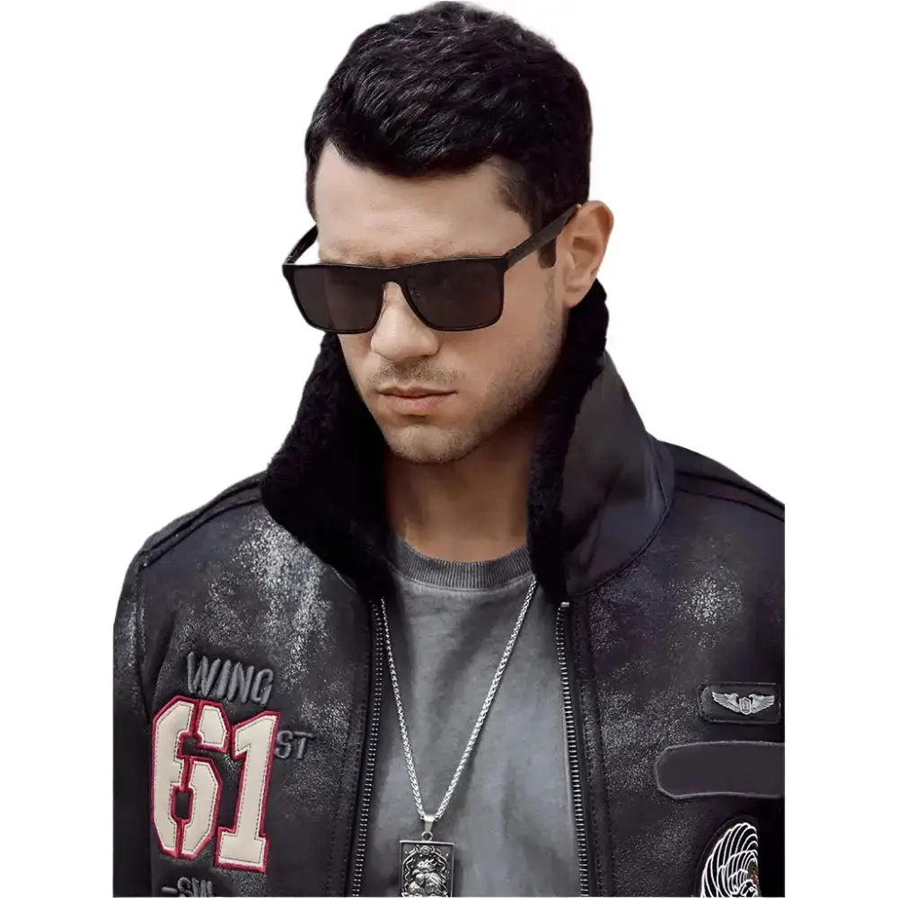 Mens Black Sheepskin Shearling Aviator Jacket