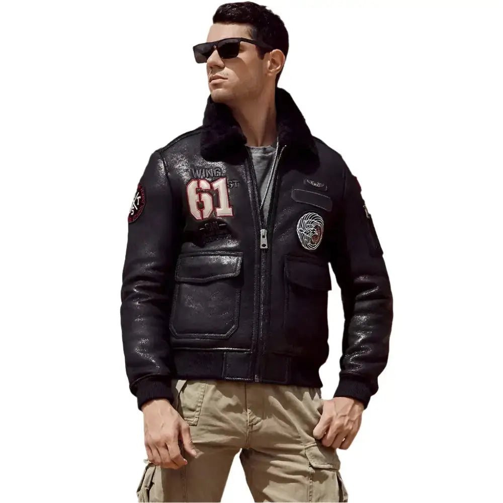 Mens Black Sheepskin Shearling Aviator Jacket